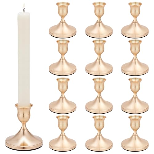 CUTHOLLOW 16 Pcs Metallic Gold Taper Candlestick Holder Vintage Style 2.71x2.83 Inch/6.9x7.2cm Rustproof Alloy for Kitchen Living Room Accent Decor, Golden
