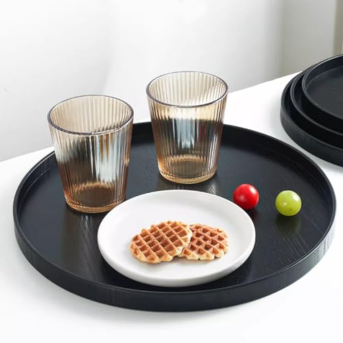 Round Wood Serving Tray, Solid Wooden Decorative Tray Non-Slip Tea Coffee Table Tray Snack Plate Food Meals Serving Tray with Raised Edges for Home Decor Kitchen Restaurant(10.6inch, Black) - size: 10.6"