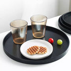 Round Wood Serving Tray, Solid Wooden Decorative Tray Non-Slip Tea Coffee Table Tray Snack Plate Food Meals Serving Tray with Raised Edges for Home Decor Kitchen Restaurant(10.6inch, Black) - size: 10.6"