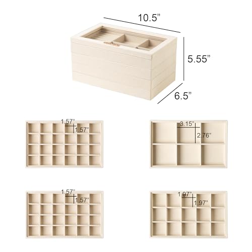 Frebeauty Earring Holder Stackable Jewelry Trays,Velvet Drawer Jewelry Organizer with Glass Lid, 5 in 1 Jewelry Box for Earrings Rings Studs,10.5 x 6.5 x 5.55 Inches Gift for Women (Beige) - color: Beige, size: Set5-B