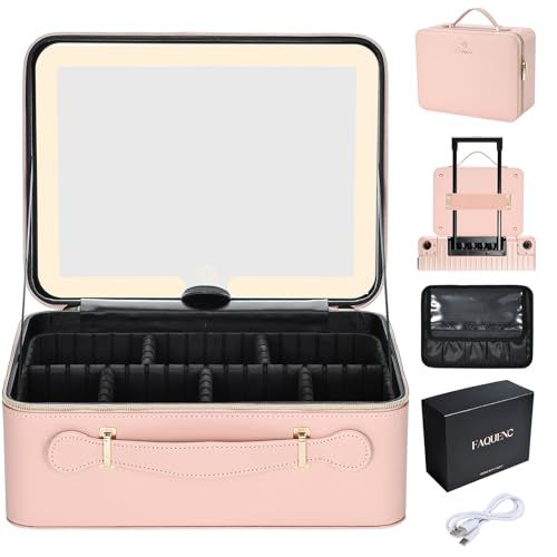 Faquenc Leather Makeup Case with LED Lighted Mirror 11.4 Inch Travel Makeup Bag Adjustable Brightness in 3 Colors Cosmetic Organizer Artist Storage Bag with Dividers Brush Holder Storage Vanity Pink - color: Pink 11.4 Inch, size: 2-Medium