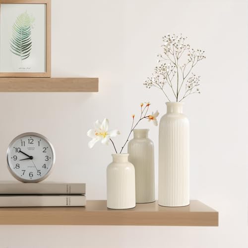 Small Beige Ceramic Vase Set of 3, Boho Modern Beige Flower Vase Room Decor, Farmhouse Decor, Vases for Your Kitchen, Bathroom, Bedroom, Living Room, Office&Shelf Centerpiece Table Decorations - color: Beige