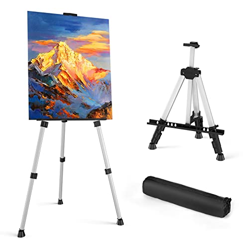 Art Painting Display Easel Stand - Portable Adjustable Aluminum Metal Tripod Artist Easel with Bag, Height from 17" to 66", Extra Sturdy for Table-Top/Floor Painting, Drawing, and Displaying, Silver - style: Silver - 1pack