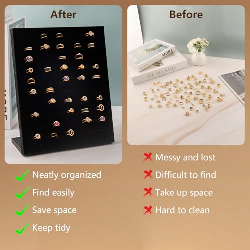 2 Pack Velvet Ring Display Stand, 50 Slots Ring Organizer Jewelry Display Tray, L-Shaped Holder Display for Selling Earrings, Black