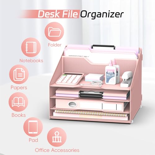Desk File Organizer, Paper Organizer with 4 Letter Trays and 2 Vertical Upright Sections, Desk Organizers and Accessories for Office, School, Home (Pink) - color: Pink