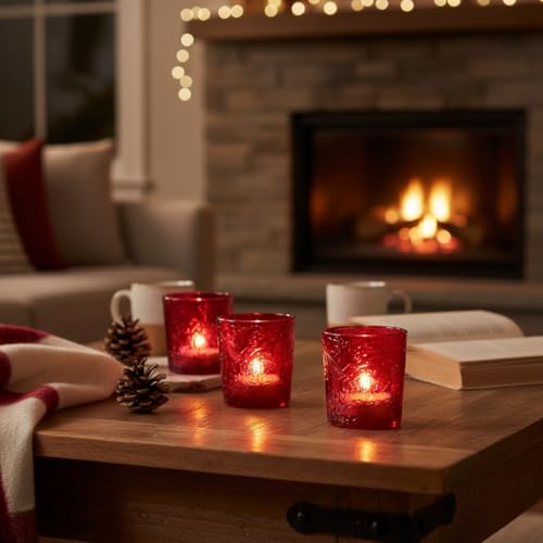 12 Pack Hummingbird Embossed Glass Candle Holders – Votive Tealight Holders with Patent Design, Decorative Embossed Glass Cups for Wedding Centerpieces, Parties, and Home Décor (Crimson Glow) - color: Crimson Glow