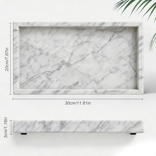 Natural Marble Tray, Stone Tray for Bedroom/Bathroom/Kitchen/Vanity Countertop, Jewelry Tray for Rings Earrings Necklace Bracelet Watch, Room Decor Aesthetic - color: Carrara White, size: 11.8" x 7.9" x 1.2"
