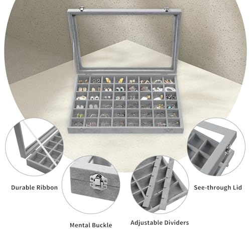 Stratalife Jewelry Organizer 48 Grid Jewelry Trays with Dust-proof Lid Velvet Earring Organizer Ring Holder Accessories Box Necklaces Earrings Storage for Women Drawers Gray - color: Gray, size: 48 Grid
