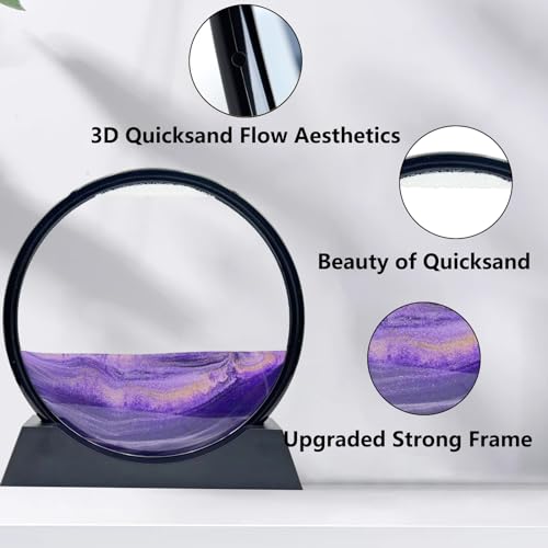 Moving Sand Art Liquid Motion, 3D Deep Sea Sandscape Color Quicksand Decor, Round Glass Moving Sand Art Picture Relaxing Desktop Home Office Work Decor (12 inch-Purple) - color: Purple, size: 12 Inch