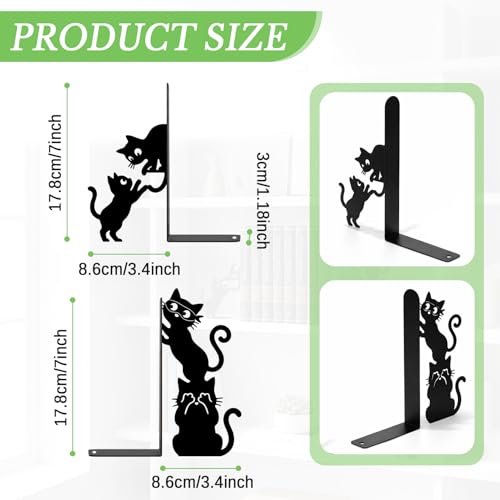 Sanwarm Metal Bookends Cat Black Funny Book Ends Decorative Bookend for Home Office Library Desk Book Shelves Decor, Gift for Reading Enthusiasts Non-Skid Book Stoppers Holder (1 Pair) - color: Black Cat 1