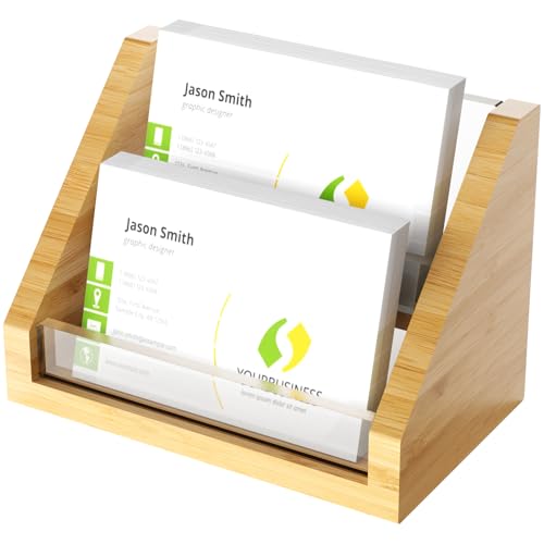 Sleek Bamboo Acrylic Business Card Holder for Reception, Office Desk, Meetings, Trade Shows, Home Office, Versatile Use Professional Display, Natural Modern Blend Elegant Organizer (2 Tiers) - color: 2 Tiers-Bamboo