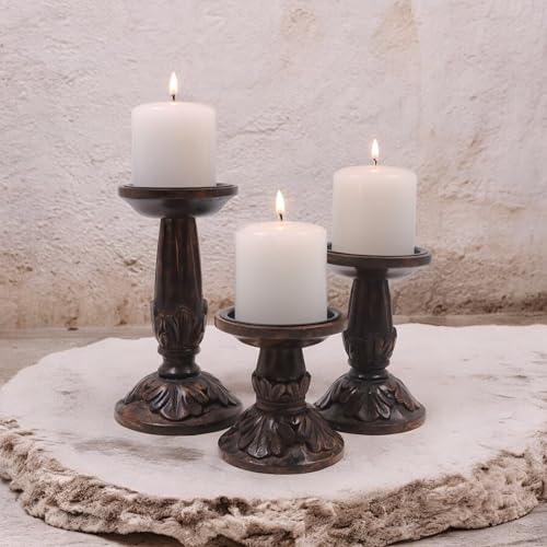 Hosley Set of 3 Dark Brown Wood Pillar Candle Holders 8 Inches 6 Inches and 4.25 Inches High Ideal for LED and Pillar Candles Gifts for Weddings Party Home Spa Reiki Aromatherapy - color: Dark Brown 2