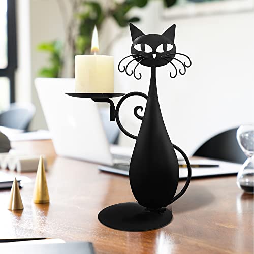 Black Cat Candle Holder for Pillar Candles Led Flameless Candles, Retro Rustic Farmhouse Home Metal Cat Decor Candlestick for Centerpiece, Dining Table, Housewarming Gifts