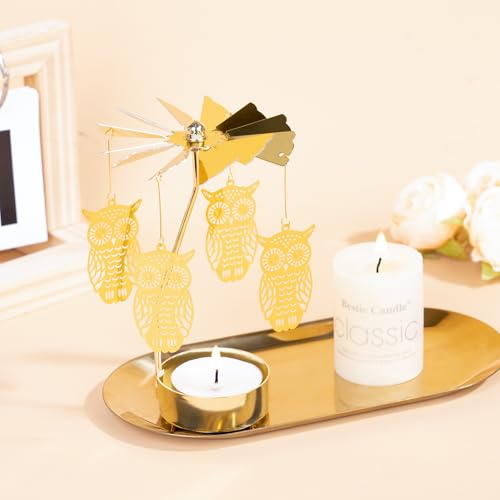 Spinning Candle Holder, Gold Tea Lights Candle Holder Owl Carousel Candle Spinner, Rotating Metal Candle Holders for Table Centerpiece Owl Tealight Holder for Christmas Festival Home Decor - color: Owl