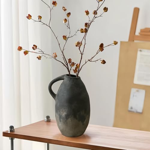 Ceramic Rustic Farmhouse Vase with Handle, 10.3 Inch Large Vintage Vase for Home Decor, Handmade Ceramic Flower Vases for Living Room, Kitchen, Office Farmhouse Centerpiece, Black - color: Black