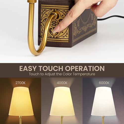 AELS Vintage Bookshelf Lamp with Bulb, Table Lamp with Linen Shade, 3-Color Dimmable Touch Control, Modern Farmhouse, Book Sconce for Office Home Bedroom Bookshelf, Tree of Life Brown & Gold - color: Tree of Life Brown, size: Plug-in Model