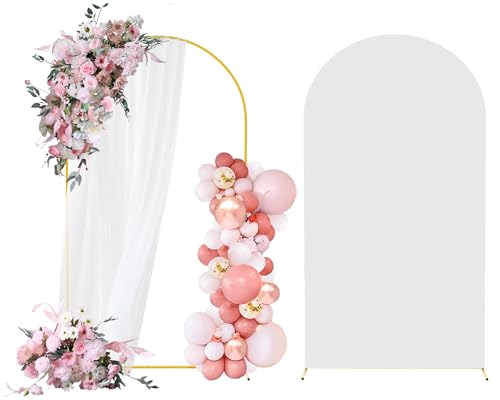 6FT Arch Backdrop Stand and Arch Cover Set, Gold Metal Arch Stand Backdrop with White Arch Stand Cover Ideal for Weddings, Birthday Parties, Baby Showers, Celebration Decorations - size: 6 FT