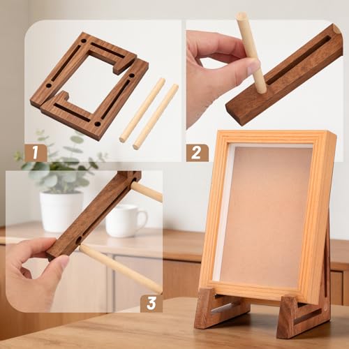 3 Pack Wooden Plate Display Stands with White Oak Dowel 6.5 Inch Wood Plate Holder Stand for Displaying, Rustic Wooden Picture Frame Easels Holder for Photo Platter Artwork Tabletop Decor