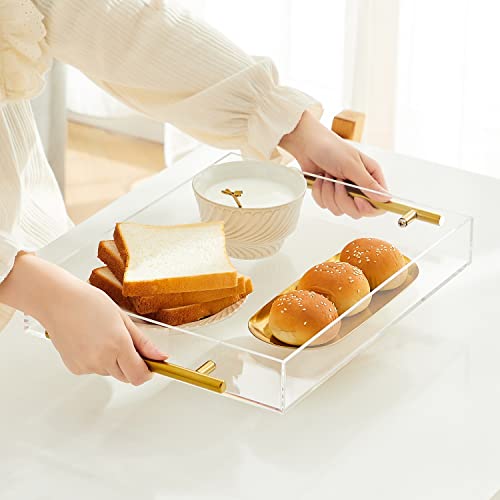 Clear Acrylic Lucite Serving Tray with Metal Handles,No Need to Assemble,11x14 Inch,Decorative Storage Organizer with Spill-Proof Design,Serving for Coffee,Breakfast,Dinner and More - color: Clear, size: 14" x 11" x 2"