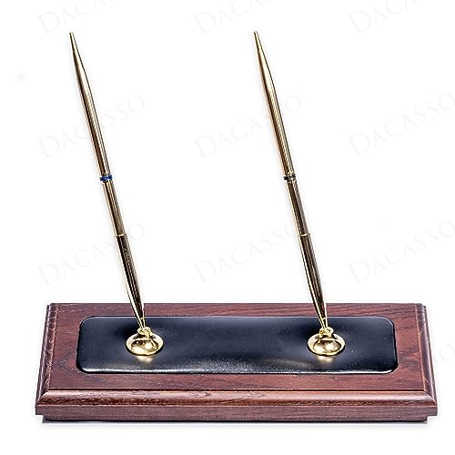 Dacasso Luxury Walnut & Black Leather Double Pen Stand with Rolling Ball Pen - Executive Desk Decor and Elegant Organizer