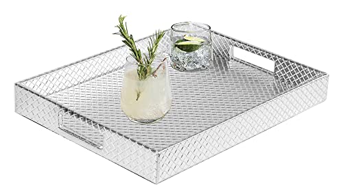 HofferRuffer Rectangle Serving Tray with Hole Handles for Coffee Table, Breakfast, Tea, Food, Butler - Countertop, Kitchen, Vanity Serve Tray, 16.2 x 12.2 x 2 inches, Faux Leather (Silver) - color: Silver, size: 16.2" x 12.2" x 2"