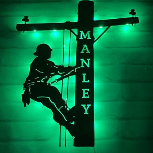 Personalized US Lineman Metal Led Sign, Custom Electric Pole Climber Wall Art, Custom Name Lineman Gift for Electrician, Dad, Son, Husband, Housewarming Gifts New Home - color: 01 Lineman