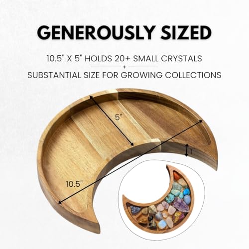 Acacia Wood Moon Crystal Display Tray - Natural Wooden Altar Tray 10.5" x 5" for Crystals and Stones Storage - Solid Wood Jewelry Organizer Dish - Boho Bedroom Decor - color: Acacia