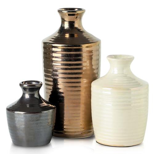 Set of 3 Ceramic Vases for Home Decor - Metallic Color Modern Handcrafted Flower Vases for Living Room, Kitchen, Bedroom, Bathroom and Office - Decorative Vase - Table Centerpieces for Home Decor