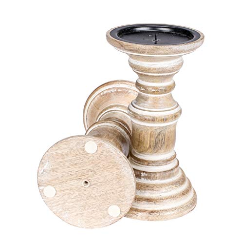 Rustic Farmhouse White Wash Wooden Candle Holders (Set of 2) - 7.5" Tall Pillar Stands, Vintage Shabby Chic Decor, Antique Finish, Handmade Decorative Table Centerpieces - White Wash - color: White Wash, size: 7.5 Inch