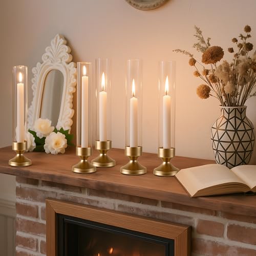 Hurricane Glass Candle Holders, Set of 6 Metal Taper Candlesrick Holders for Centerpieces Tall Gold Candle Stands Bulk with Glass Cylinder for Wedding Birthday Party Table Decor