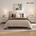 SICOTAS White Night Stand with Drawers - Large Rattan Bedside Table with Golden Handle, 3 Drawers Nightstand Tall End Table Side Table Boho Nightstand for Bedroom - color: White Cream Oak