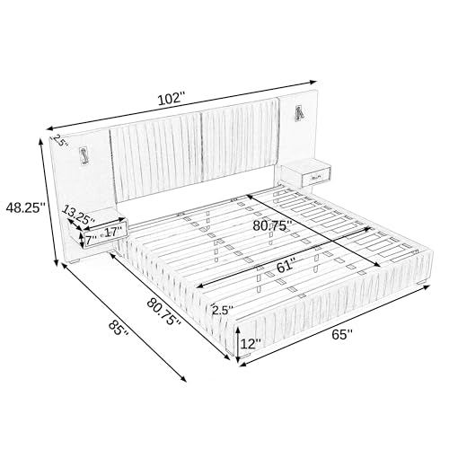 Luxury Queen Size Bed Frame with Oversized Upholstered Headboard, Modern Chenille Upholstered Platform Bed Frame with Gold LED Lights, Nightstands, No Box Spring Needed, Blue - color: Blue, size: Queen