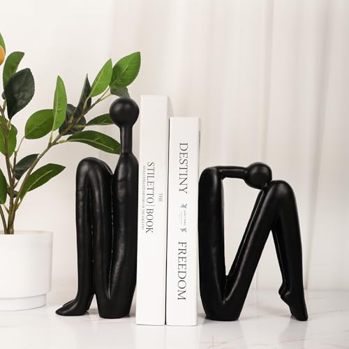 Thinker Cast Iron Bookends, Heavy-Duty Decorative Book End Stoppers for Shelves, Abstract Decor Aesthetic, Smooth Finish Book Holders for Office Decor, 1 Pair/2 Pieces, 9" - color: Thinkera Black