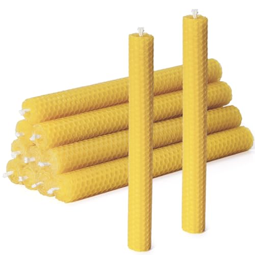 DEYBBY Handmade Beeswax Taper Candles, Dripless Wax Candles, Hand-Rolled Honeycomb Candles for Dinner Party, Set of 12 Flat Top（Brown Raw） - color: Brown Raw, size: 12 pack