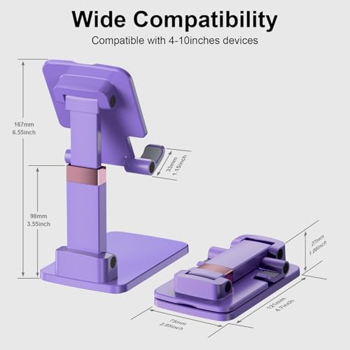 Phone Stand for Desk, Cell Phone Holder Adjustable Cellphone Stand for Desk Height Angle Adjustable Stands, Anti-Slip Base, Compact Design for iPhone Android Devices (Purple, 2Pack) - color: 09-Violet