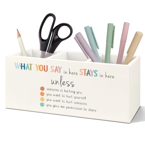 SNNDER Mental Health Office Pen Holder, What You Say in Here Stay in Here Wooden Pen Pencil Holder for Therapist Counseling Office - color: What You Say in Here