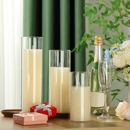 Shihanee Set of 3 Pillar Candles and 3 Glass Cylinder Candle Vases Holders Clear Pillar Jars for Wedding Centerpieces(3.4'' X 7", 9.8", 11.8",Ivory White) - color: Ivory White, size: 3.4'' X 7", 9.8", 11.8"