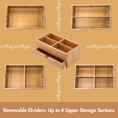 GOBAM Bamboo Makeup Organizer and Storage with Drawer, Wooden Cosmetic Organizer Countertop for Bathroom, Bedroom, Kitchen & Dresser, Desk Organizer with Drawers and Make up Vanity Station - Medium - size: Medium