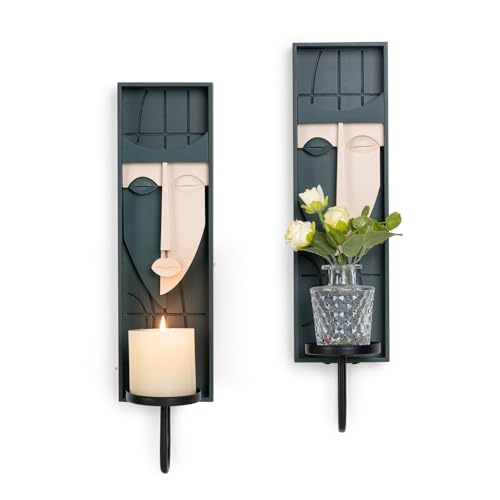 Set of 2 Boho Wall Decor, Modern Abstract Face Candle Sconces, Artistic Sculptural Design, 17.7 x 4.33 x 5.1 inches, Blackish Green - color: Blackish Green