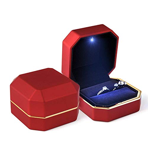 Luxury Ring Box, Square Velvet Wedding Ring Case Jewelry Gift Box with LED Light for Proposal Engagement Wedding, Red - color: Red, size: Ring Box