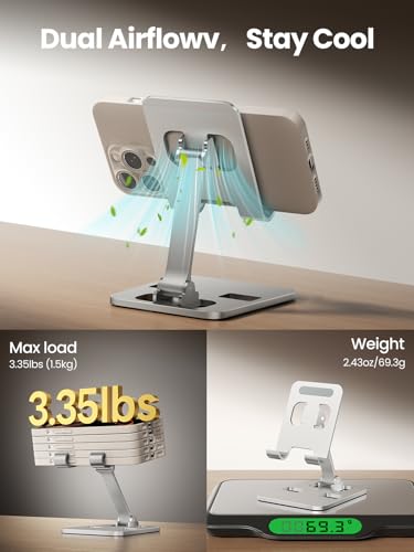 Phone Stand for Desk, Dual Folding Cell Phone Holder, Fully Adjustable Portable Mobile Phone Holder for iPhone 17 16 15 14 13 12 11 Pro Max Plus Air, Galaxy S25 S24, All Phones (Silver) - color: Silver