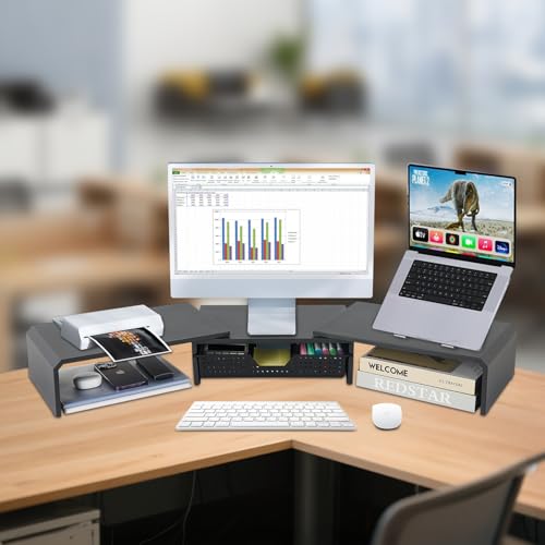 LEKETREE Dual Monitor Stand Riser with Drawer, Computer Stand for Desk, Workspace Desktop Stand, Desk Organizer for Computer, Laptop, TV and More (Black) - color: Black