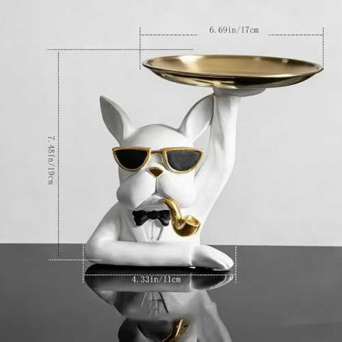 White Dog Sculpture Tray 7.5 Inch Resin Statue Figurine with Removable Serving Tray Cute Animal Decor for Entryway Coffee Table Unique Gift for Dog Lovers - color: White