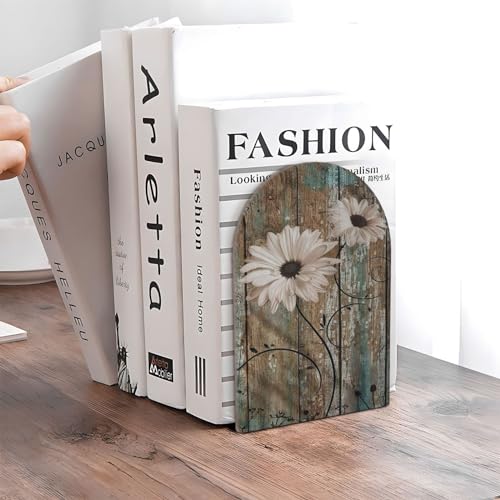 Rustic s Wooden Bookends Decorative Shabby Sunflower Book Ends for Shelves Heavy Books Holder Organizer Non-Slip Desk Book End for Kids Room Office School Kitchen Home Desktop Decor 1 Pairs - color: Shabby Daisy