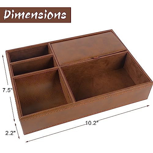Zcaukya Men's Valet Tray, Jewelry Box Nightstand Organizer with 5 Compartments for Phone Keys Wallet Watch Glasses, Faux Leather Dresser Entryway Catchall Holder for Father's Day Gift (Brown) - color: Brown