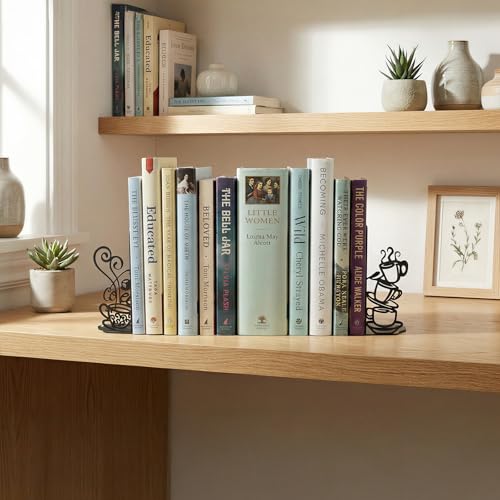 Creative Coffee Cup Decorative Bookend for Shelves, Metal Bookends for Heavy Books, Unique Cute Cookbook Organizer Book Holder for Kitchen Housewarming Cooking Book Lover Gifts - color: Black