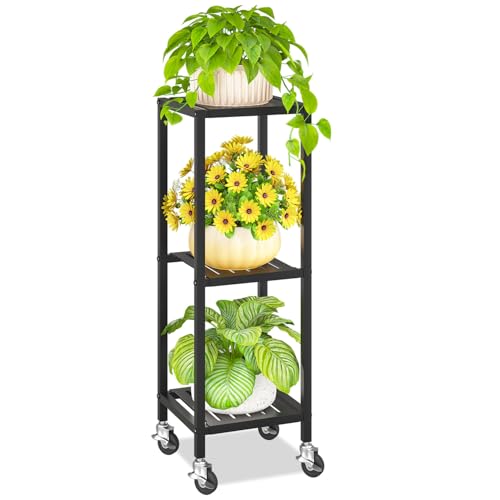 KMOTASUO 3 Tier Black Tall Plant Stand with Wheel for Indoor Outdoor, Heavy Duty Metal Multiple Large Planter Rack for Narrow Corner, Sturdy Iron Vertical Flower Holder for Modern House Patio Bathroom - color: Standard Black, size: 3 Tier
