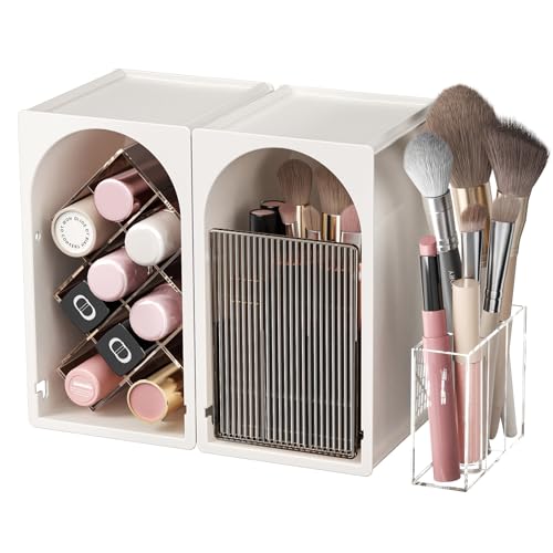INVSSENE Stackable Makeup Organizer Countertop, Storage Perfume Skincare Cosmetic Lipstick Face Mask Makeup Brush Palettes, Ideal for Vanity Bathroom Counter - color: 3513 White+Coffee