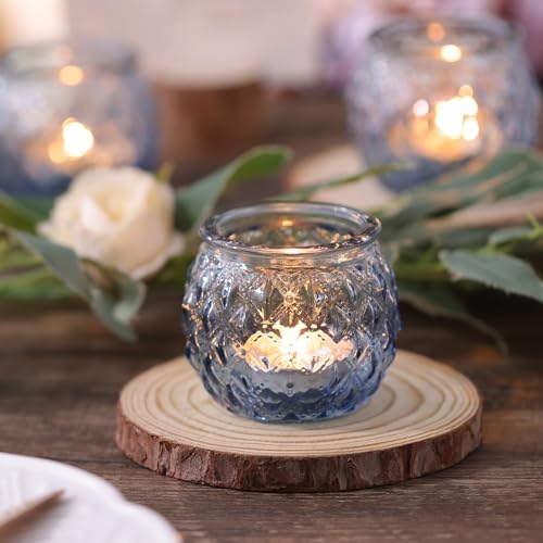 Generic DARJEN 12Pcs Blue Votive Candle Holders - Round Glass Candle Holders Bulk for Tea Light Candle, Diamond Texture Candle Votives for Wedding Centerpiece, Party & Home Decor