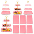 10 Pack Dessert Table Display Set - 4 x Three-Tier Square Cupcake Stands and 6 x Serving Trays, Elegant Tableware for Cakes, Cupcakes, Pastries, and Snacks, Perfect for Parties (Pink) - color: Pink